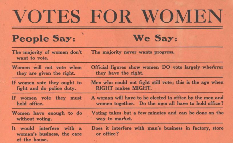 A flyer headlined "Votes for Women." There are two columns, the first reads "People Say:" and the second reads "We Say:" and lists counterpoints for common reasons not to support woman suffrage