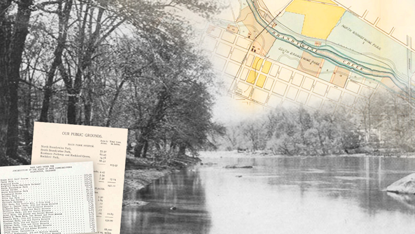 Montage image of the Brandywine Creek with park maps and manifests.