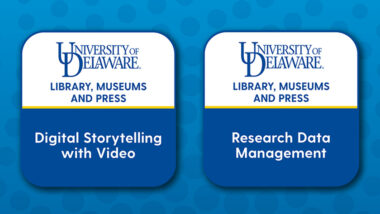 Rounded corner square badges that read: Library, Museums and Press Digital Storytelling with Video and Research Data Management.