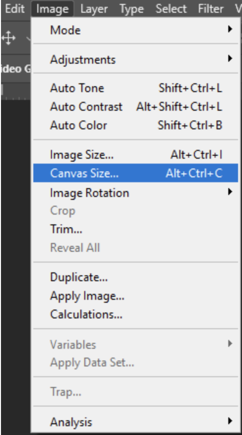 Photoshop Canvas Size drop down menu.