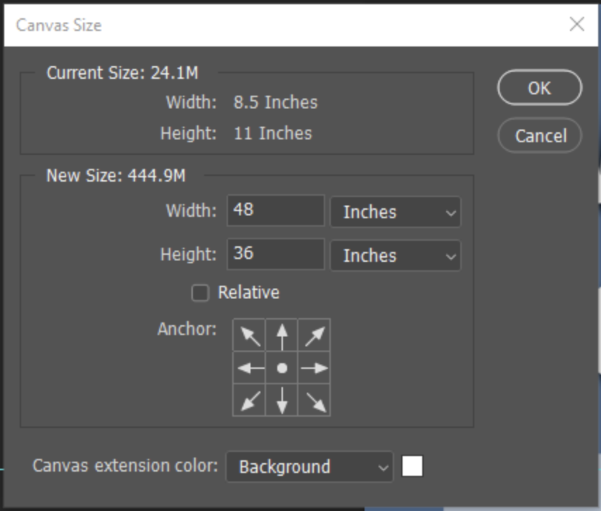 Photoshop Canvas Size adjustment window.