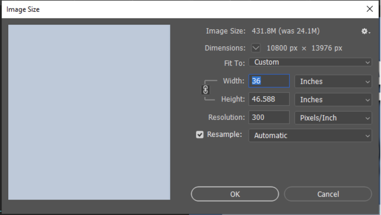 Photoshop Image Size dialogue window.