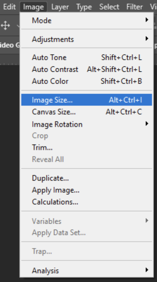 Photoshop Image Size drop down window.