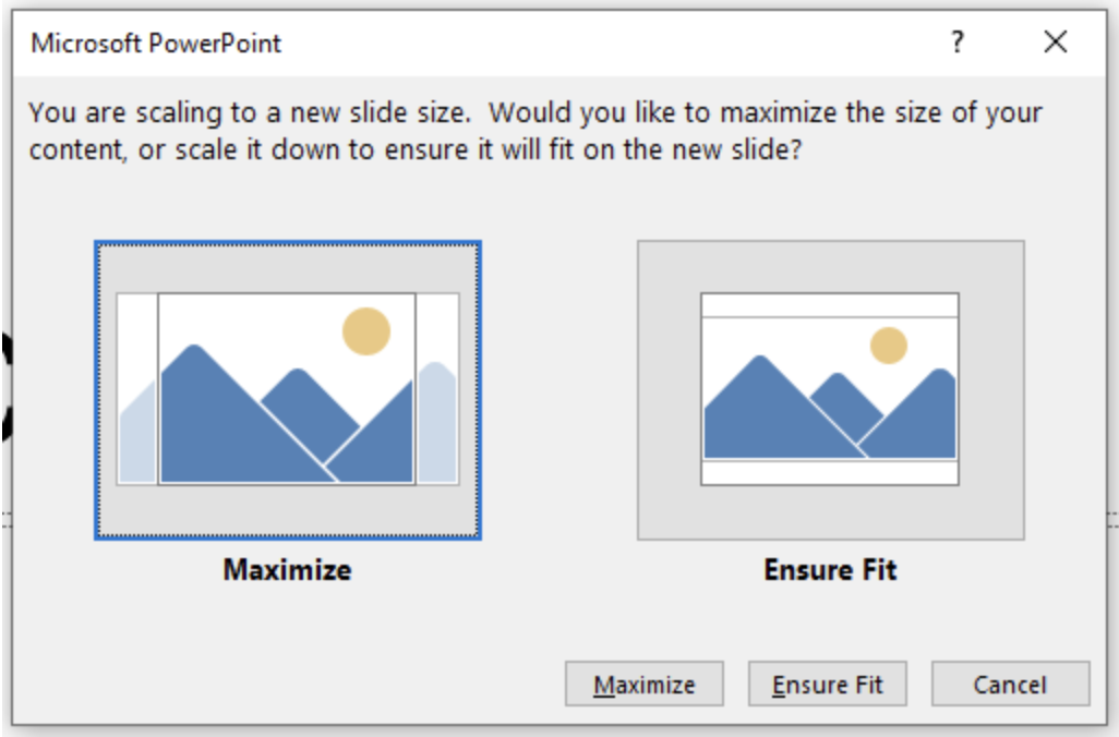 PowerPoint resize dialogue window.