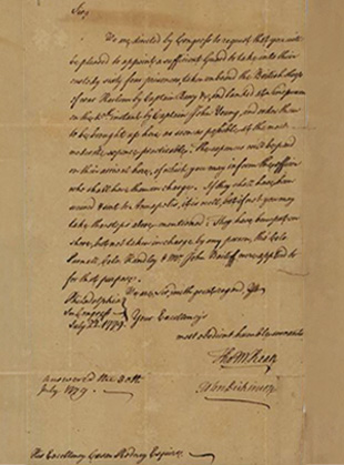 Sepia toned, hand-written letter from John Dickinson and Thomas McKean to Caesar Rodney.