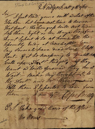 Sepia toned, hand-written letter from Caesar Rodney to his brother Thomas, explaining his inability to return to Delaware.