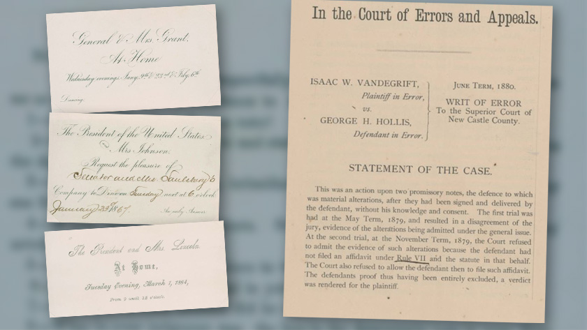 White House invitations from presidents Grant, Johnson and Lincoln sit atop a blurred blue background of text.