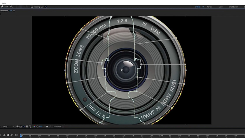 Zoomed screenshot of an edit window in Adobe After Effects. Features a close-up image of a camera lens.