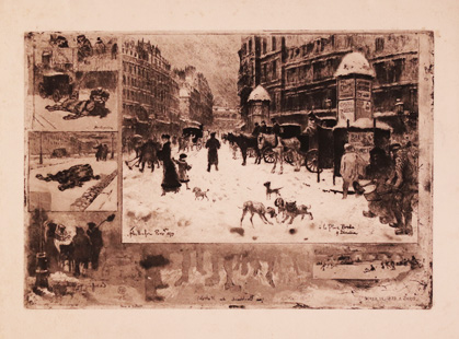 Sepia toned image montage of Parisians on the wintery streets of Paris, France.