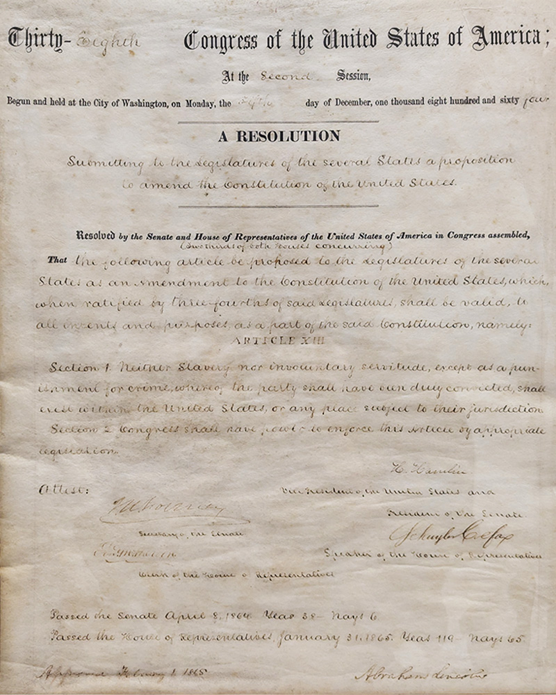 One of four known copies of the 13th Amendment, featuring the signature of Abraham Lincoln.