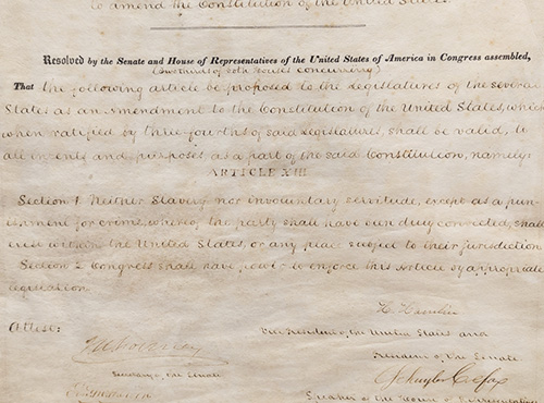 Section of one of four copies of the original 13th Amendment, signed by Abraham Lincoln.