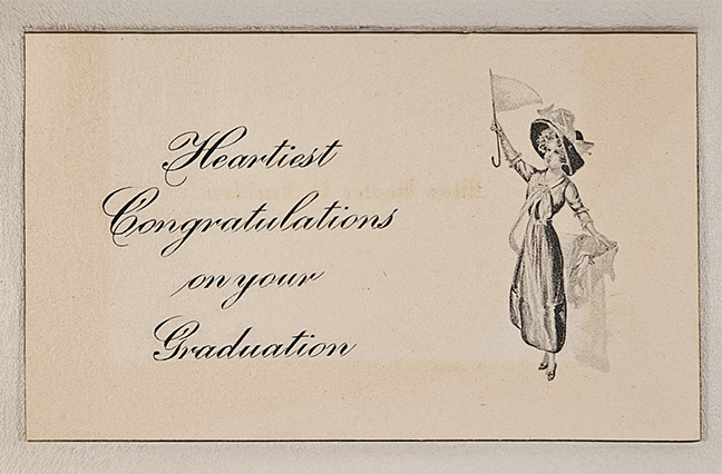 A graduation card received by Lloyd and pasted into her copy of The Girl Graduate.