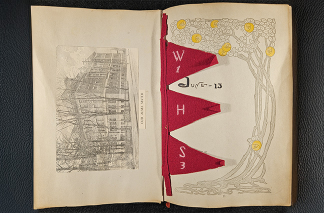 This page of Lloyd’s book includes a newspaper photograph of Wilmington High School as it appeared in the 1910s, along with a felt WHS pennant banner.
