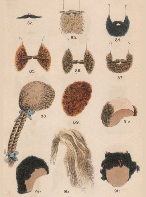Wigs, beards, and other theatrical accessories.