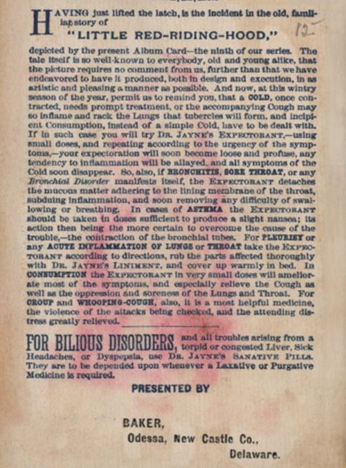 Textual advertisement for Dr. Jayne's products. Text identifies illustration as "Little Red-Riding-Hood" ninth in their Album card series. Textual Baker business information.