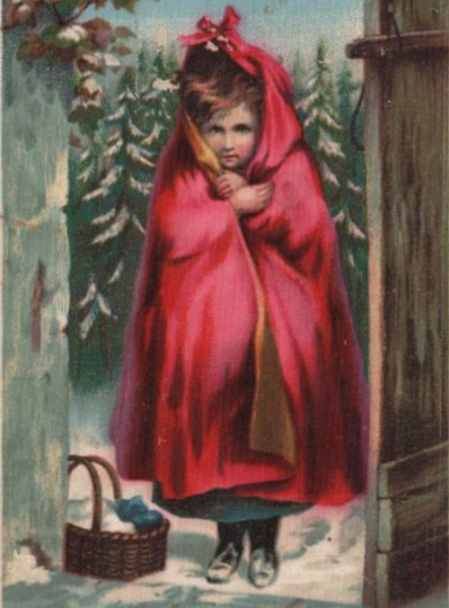 Color illustration of girl standing in a doorway wrapped in a red cape against a snowy forest background in the snow.