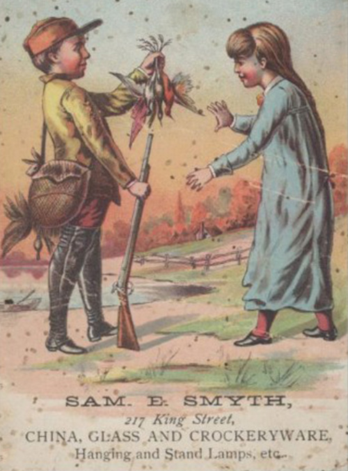 Color illustration of a young hunter giving a young girl a bunch of dead birds. Textual business information.