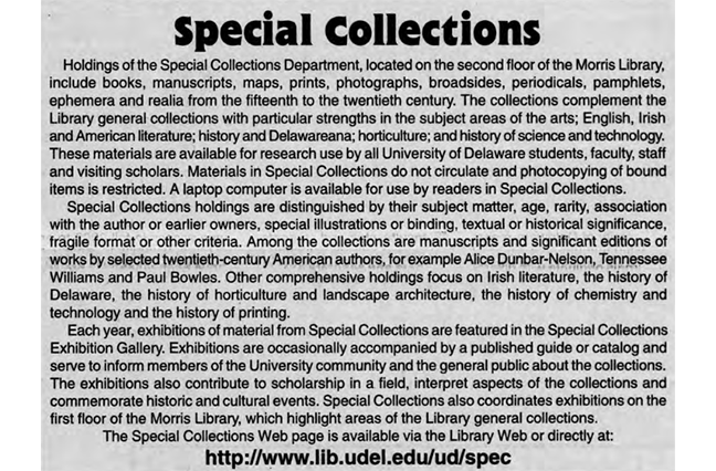 Special Collections article in University of Delaware student paper, The Review.