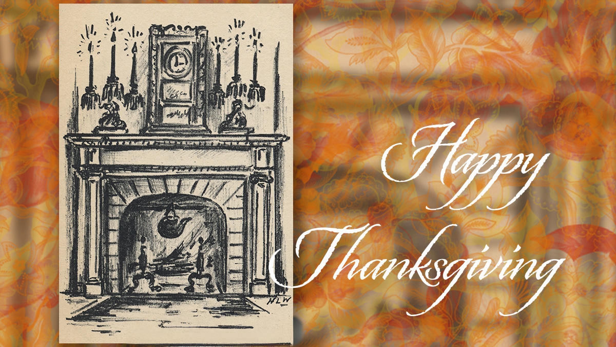 A collage graphic for Happy Thanksgiving. On the left is an antique black-and-white sketch of a burning fireplace mantle topped with a clock and tall candlesticks. On the right, the words Happy Thanksgiving are written in white script over an autumnal background of abstract orange and brown leaves.