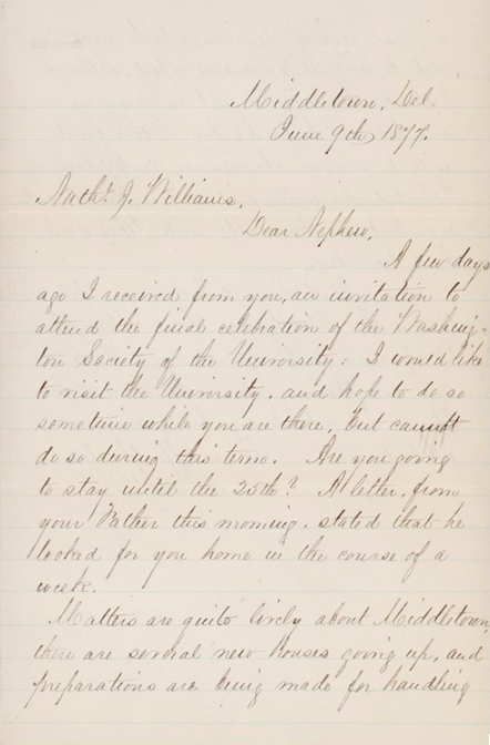 Handwritten letter dated June 9, 1871 from Middletown, Delaware written in cursive ink on lined paper. The letter is addressed to a person named Stephen and discusses receiving an invitation to attend a university society celebration, travel plans and observations about growth and new houses in Middletown.