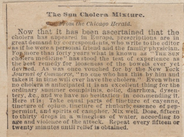 Clipping from a 19th century newspaper titled “The Sun Cholera Mixture” attributed to the Chicago Herald. The printed article discusses cholera appearing in Europe and promotes a home remedy, listing ingredients such as tincture of opium, rhubarb, peppermint and camphor along with dosing instructions.