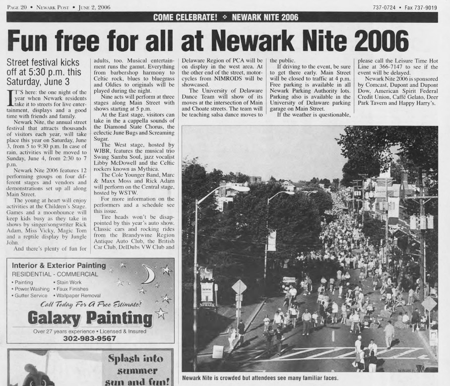 A newspaper clipping from the Newark Post, titled "Fun free for all at Newark Nite 2006," details the upcoming street festival's schedule, musical performances, and activities like an auto show and a children's area. The page includes an aerial photograph showing a large crowd of attendees packing Main Street, alongside local business advertisements in the bottom left corner.