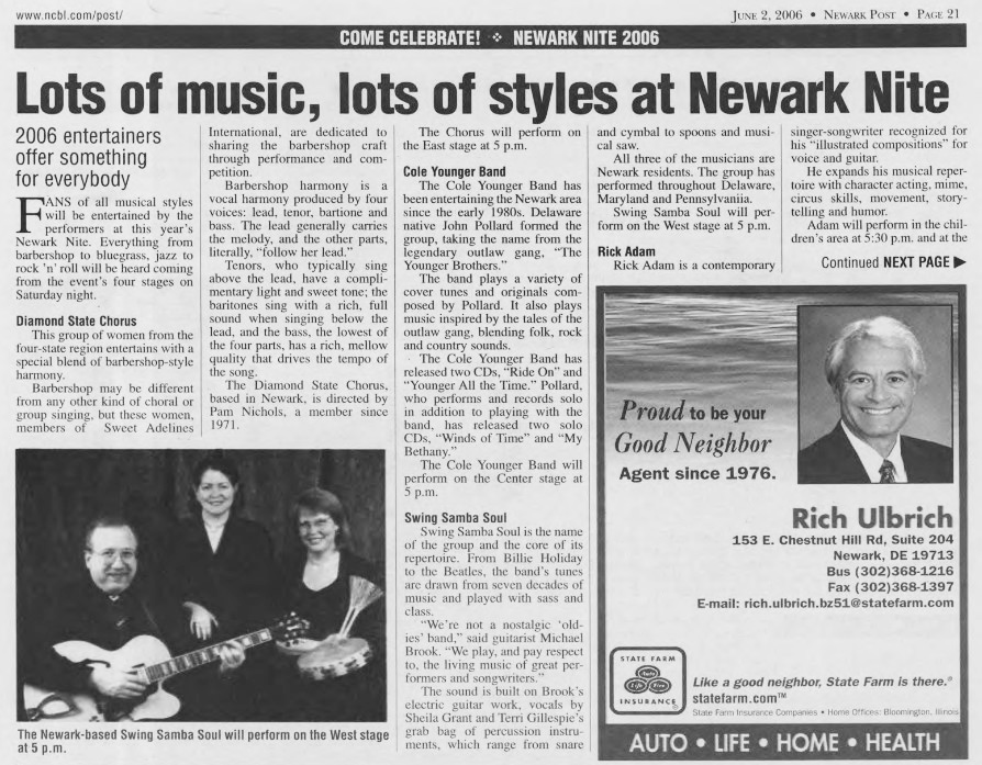 A newspaper clipping from the Newark Post, titled "Lots of music, lots of styles at Newark Nite," highlights various musical acts scheduled for the 2006 event, including the Diamond State Chorus, Cole Younger Band, and Swing Samba Soul. The page includes a photograph of the trio Swing Samba Soul alongside an advertisement for State Farm insurance agent Rich Ulbrich.