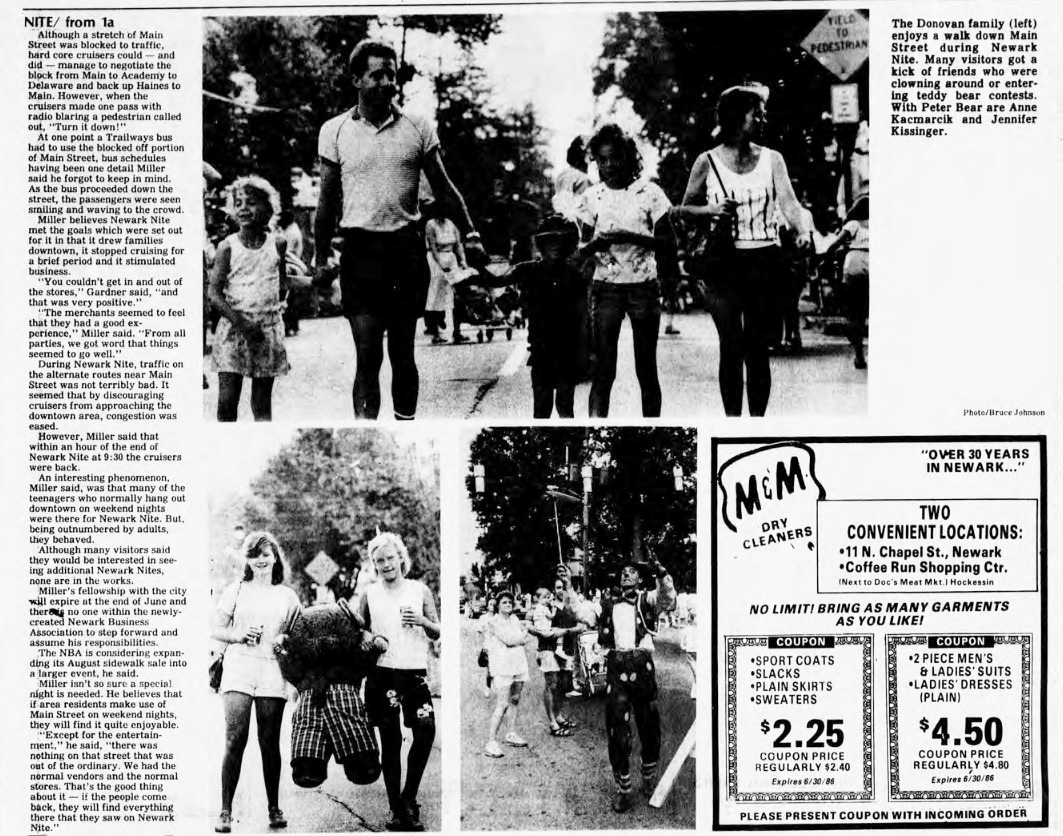 A newspaper clipping features three black-and-white photographs of people enjoying the "Newark Nite" festival on Main Street, including a family walking together and a street performer entertaining onlookers. The left side contains an accompanying article about the event's success, while the bottom right corner displays a large advertisement for M&M Dry Cleaners with two promotional coupons.