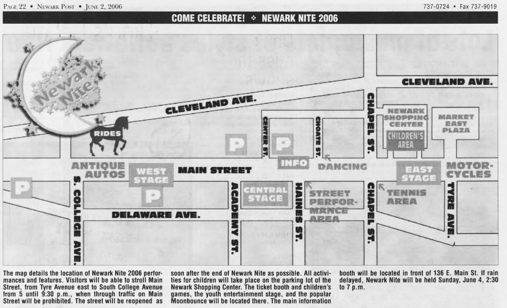 A newspaper clipping from the Newark Post features a black-and-white event map for "Newark Nite 2006," showing the layout of Main Street and various designated event zones such as stages, rides, and a children's area. Below the map, explanatory text details event times, street closures, children's activities at the Newark Shopping Center, and a rain-date schedule.