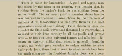 Close-up section of printed historical text mourning the assassination of President Lincoln. The text laments the loss of a great man who won the nation's universal homage and affection despite the crisis of the era.