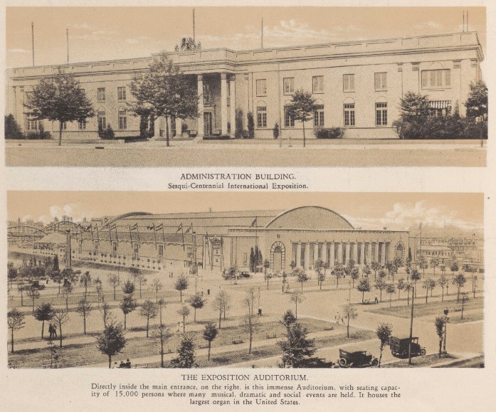 A split sepia-toned page showing the grand exterior of the Administration Building on top. The bottom half captures a vast, multi-columned Exposition Auditorium surrounded by tree-lined paths and early 20th-century cars.