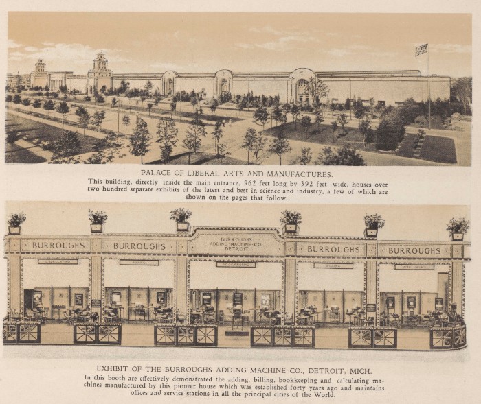 A split sepia page featuring a panoramic view of the massive, elongated Palace of Liberal Arts and Manufactures building at the top. The bottom image shows the extensive, multi-stalled indoor trade booth for the Burroughs Adding Machine Co.