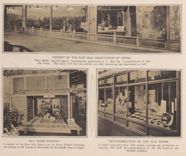 A multi-panel sepia layout showcasing the Raw Silk Association of Japan's educational exhibit. The images depict detailed dioramas of traditional silk worm raising and an elegant store display filled with finished silk garments and umbrellas.
