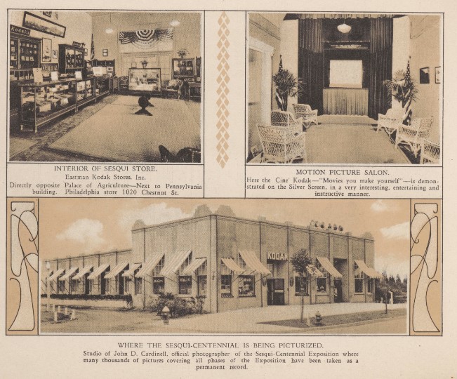 A collage of three sepia photographs highlighting Kodak's presence at the exposition. It features the orderly interior of the Sesqui Store, a cozy Motion Picture Salon with wicker chairs, and the exterior of the photography studio building.