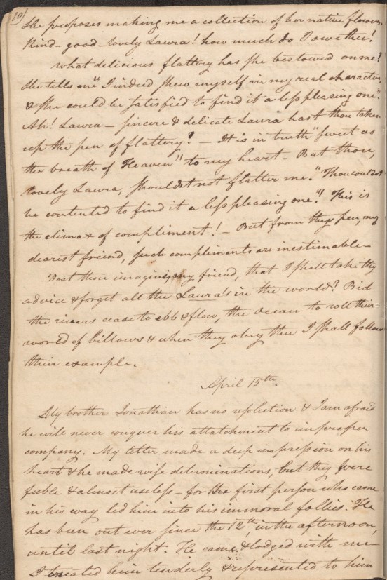 Handwritten 19th‑century journal page in sepia ink, dense flowing cursive with a visible date "April 13th", containing personal reflections and mentions of names like Laura and Jonathan.