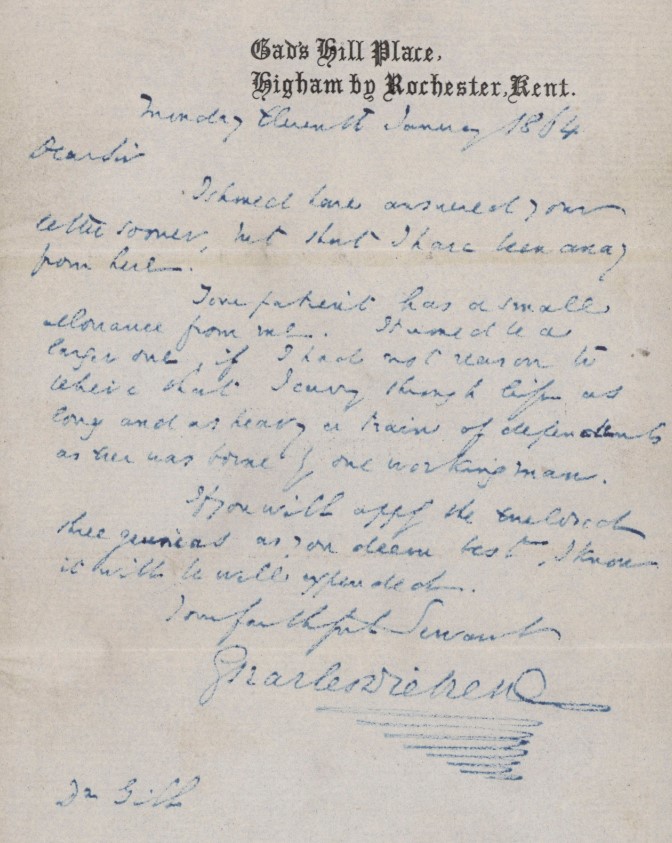 Handwritten cursive letter on stationery headed "Gad's Hill Place, Higham by Rochester, Kent," dated Monday, January 1874, written in faded blue ink with several paragraphs of script and a large ornate signature at the bottom.