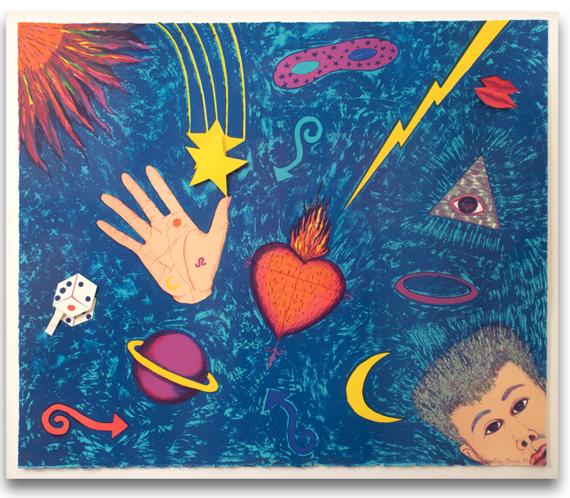 Surreal artwork on a textured teal background filled with floating celestial and mystical symbols, including a flaming sacred heart, an open palm, and a yellow shooting star.