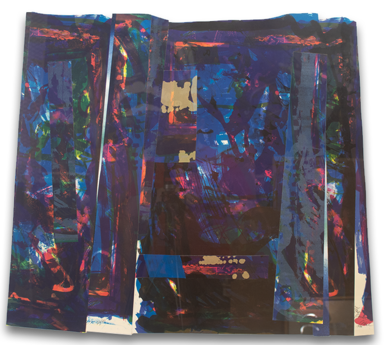 Abstract paper collage featuring layered vertical strips painted in deep blue, purple, and black with flashes of bright orange and pink.