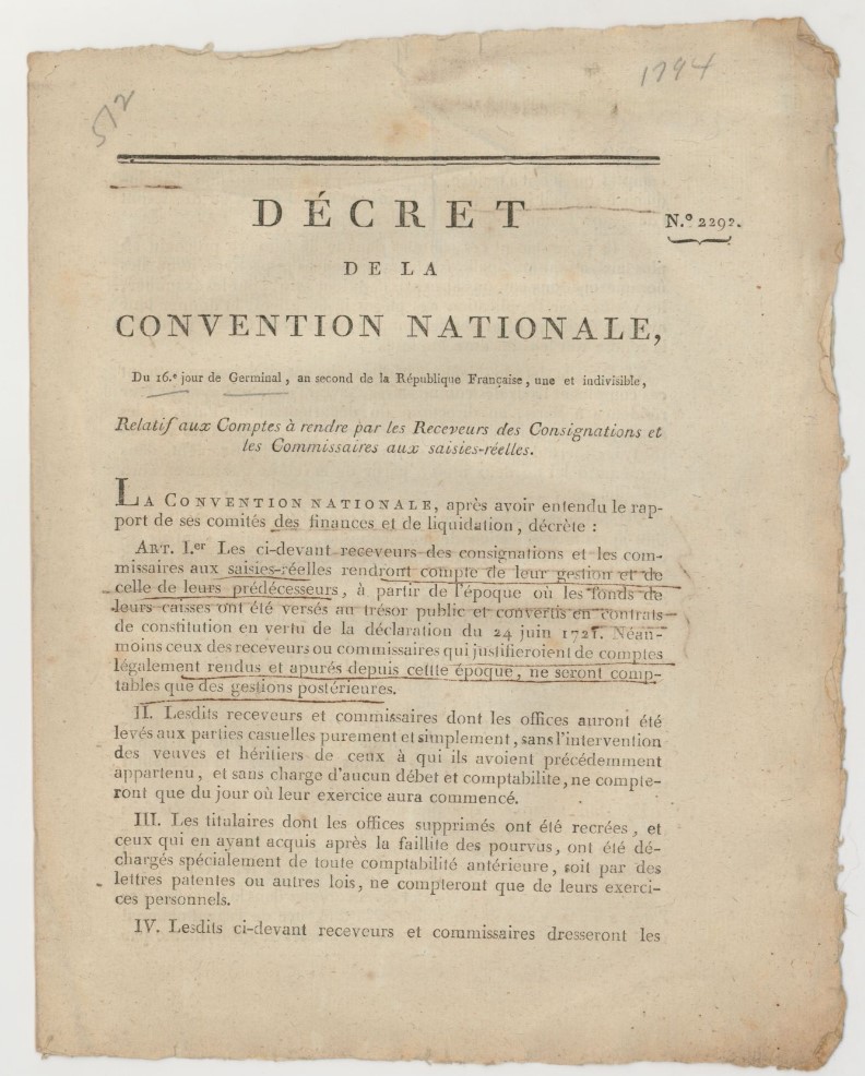 An aged, yellowed historical document titled "DÉCRET DE LA CONVENTION NATIONALE" from the French Revolution, dated the 16th day of Germinal in the second year of the French Republic. The hand-trimmed paper displays several paragraphs of French text outlining administrative and financial decrees.