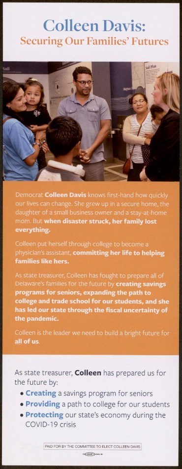 Campaign flyer panel titled "Colleen Davis: Securing Our Families' Futures." The top features a photograph of Davis speaking with a group of adults and children in an indoor setting. Below, orange text details her background as a physician's assistant and State Treasurer, concluding with a bulleted list of achievements regarding senior savings programs, college funding paths, and economic protection during the COVID-19 crisis.