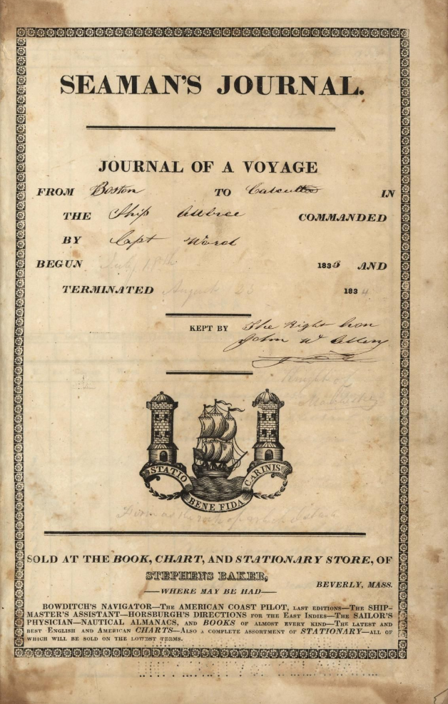 Printed title page of a 19th-century logbook titled "Seaman's Journal", documenting a voyage from Boston to Calcutta aboard the ship Mellree, commanded by Capt. Ward and kept by John W. Allen. The center features an emblem depicting a sailing vessel between two towers with a Latin motto "STATIO BENE FIDA CARINIS." Bottom text notes it was sold at the book and stationery store of Stephens Baker in Beverly, Massachusetts.