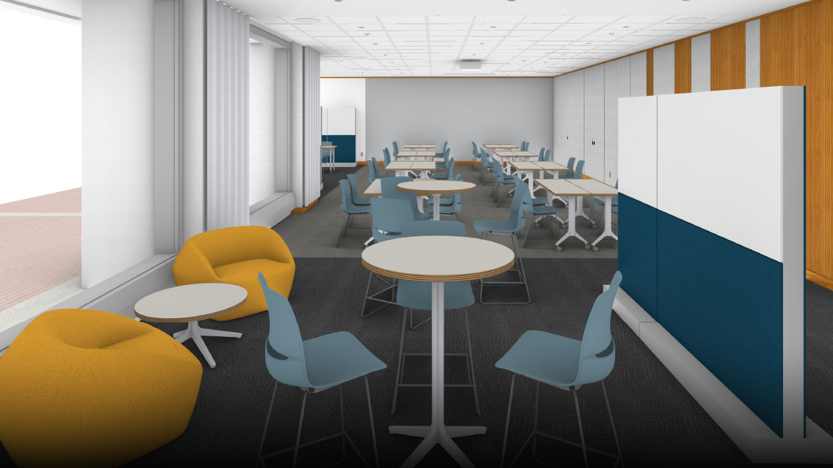 Rendering announcing "COMING SOON" for a new extended-hours study area in Morris Library, showing rows of round and rectangular tables with light-blue chairs and mustard-yellow lounge seats by windows in a bright, modern library interior.