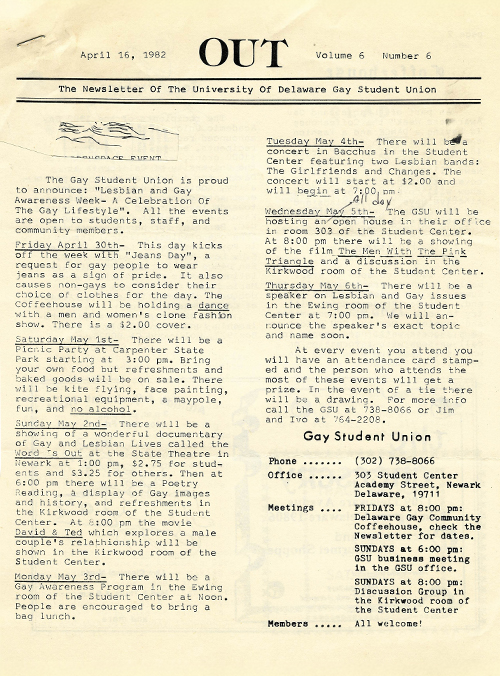 Typewritten newsletter cover page titled "OUT" (Vol. 6, No. 6), published on April 16, 1982, by the University of Delaware Gay Student Union, detailing the schedule for Lesbian and Gay Awareness Week.