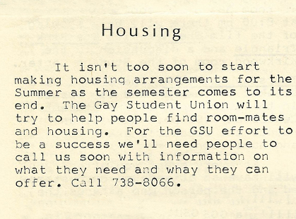 Typewritten notice titled "Housing" from the Gay Student Union offering roommate and summer housing assistance.