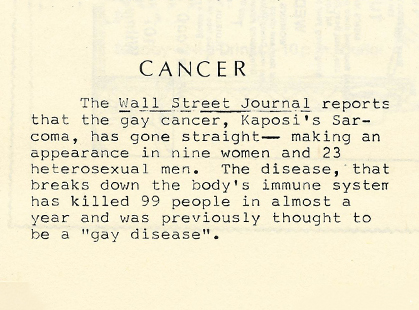 Typewritten clipping titled "CANCER" referencing a Wall Street Journal report on Kaposi's Sarcoma.
