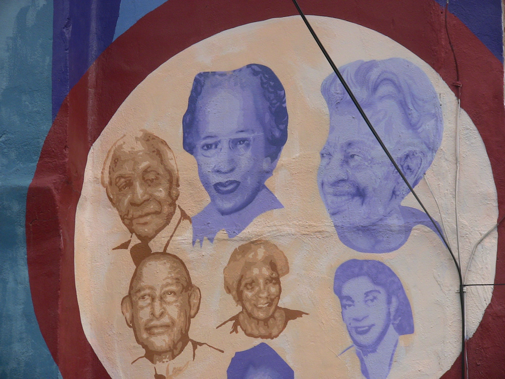 Close up of mural with Young on top right