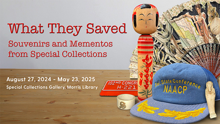 Exhibition flier featuring select items from the exhibition including a mug, a hat, and a figurine
