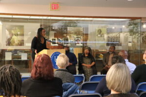 View of a student speaking from a podium