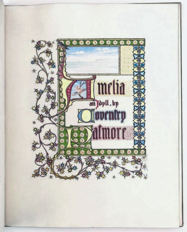 The illuminated front page of a book. Text reads, " Amelia: An Idyll. By Coventry Patmore."