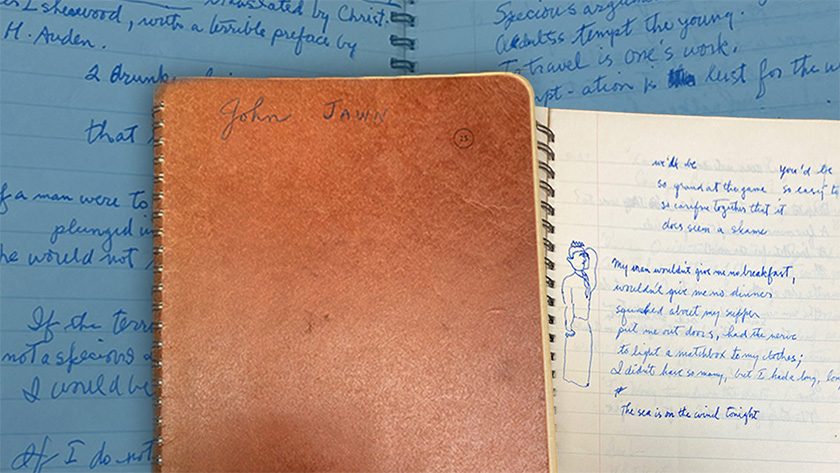 The front cover of a notebook alongside a look at the handwritten notes inside